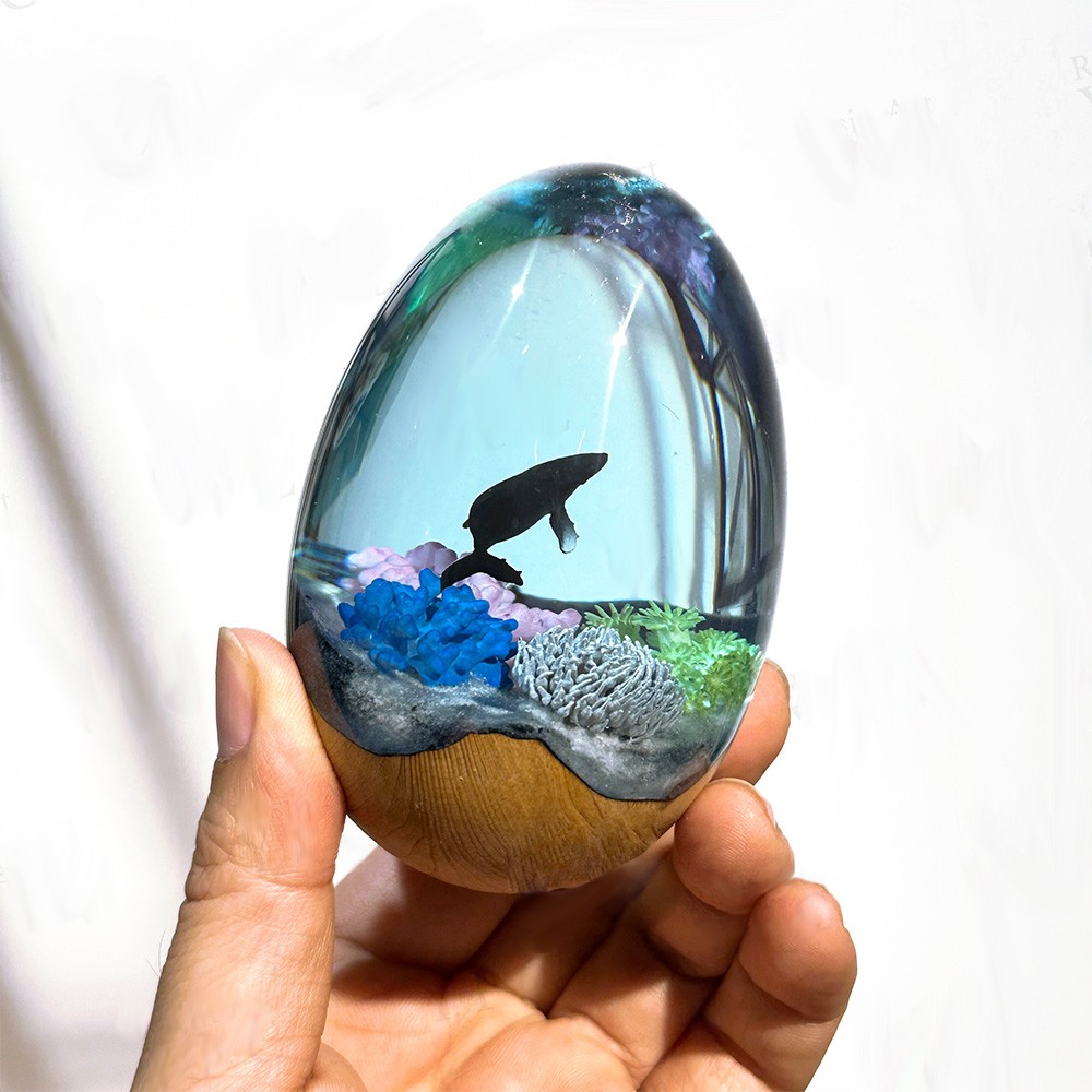 Humpback whales Egg, Ocean Desk Decoration, Ornaments for Room, Office, Nautical Resin Wood Home Decor