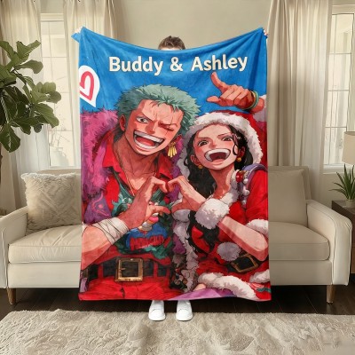 Personalized Couple Anime Portrait Photo blankets.